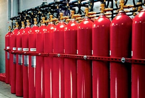 CO2 fire extinguishers lined up during servicing