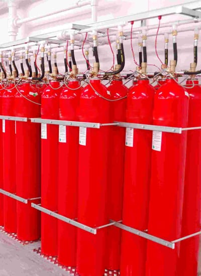 CO2 fire extinguisher cylinders staged for testing