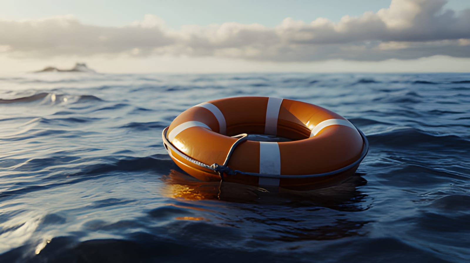 Lifebuoy stationed along a ship’s rail with the sea beyond
