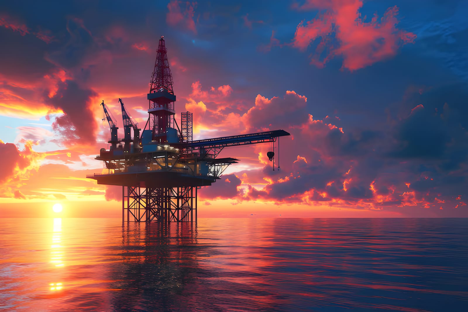 Jack-up drilling rig silhouetted against the setting sun