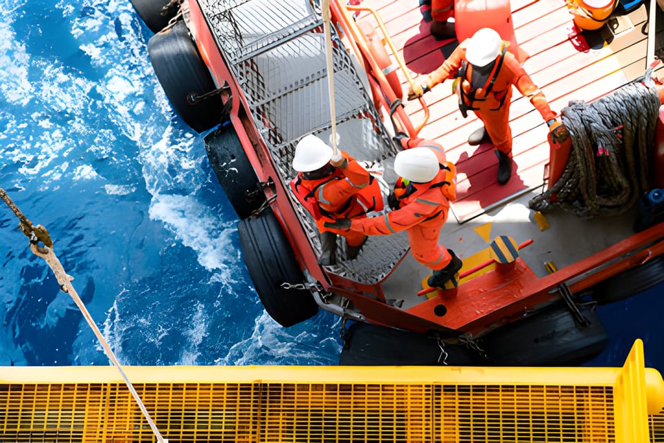 Oil and gas crew gathered on an offshore installation