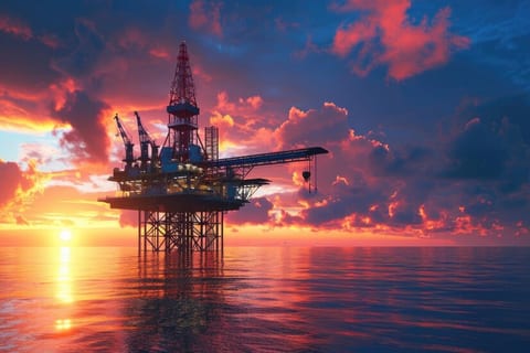Offshore jack-up rig at sunset with calm seas in the foreground
