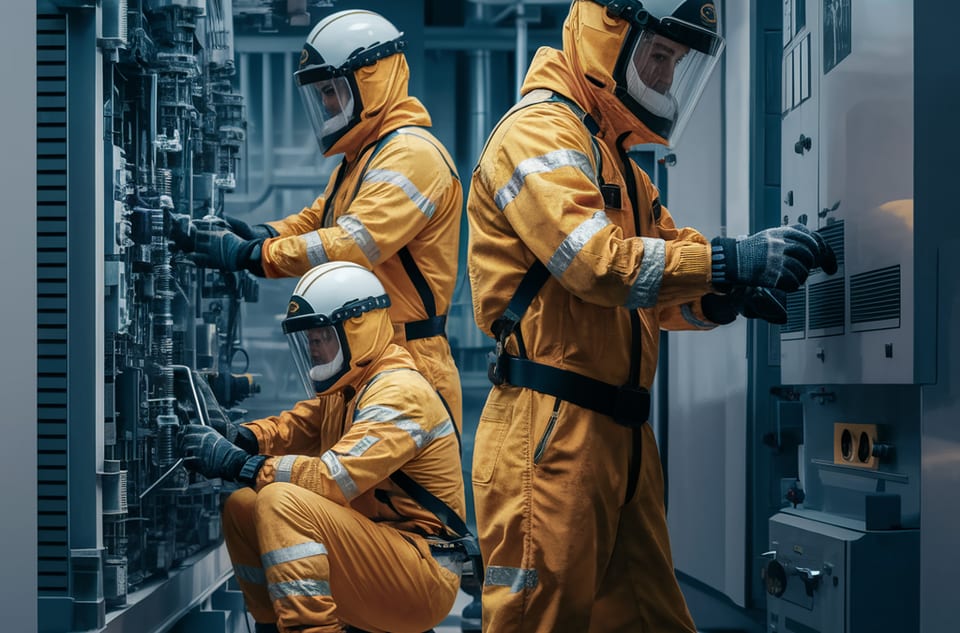 Workers wearing arc flash protective suits