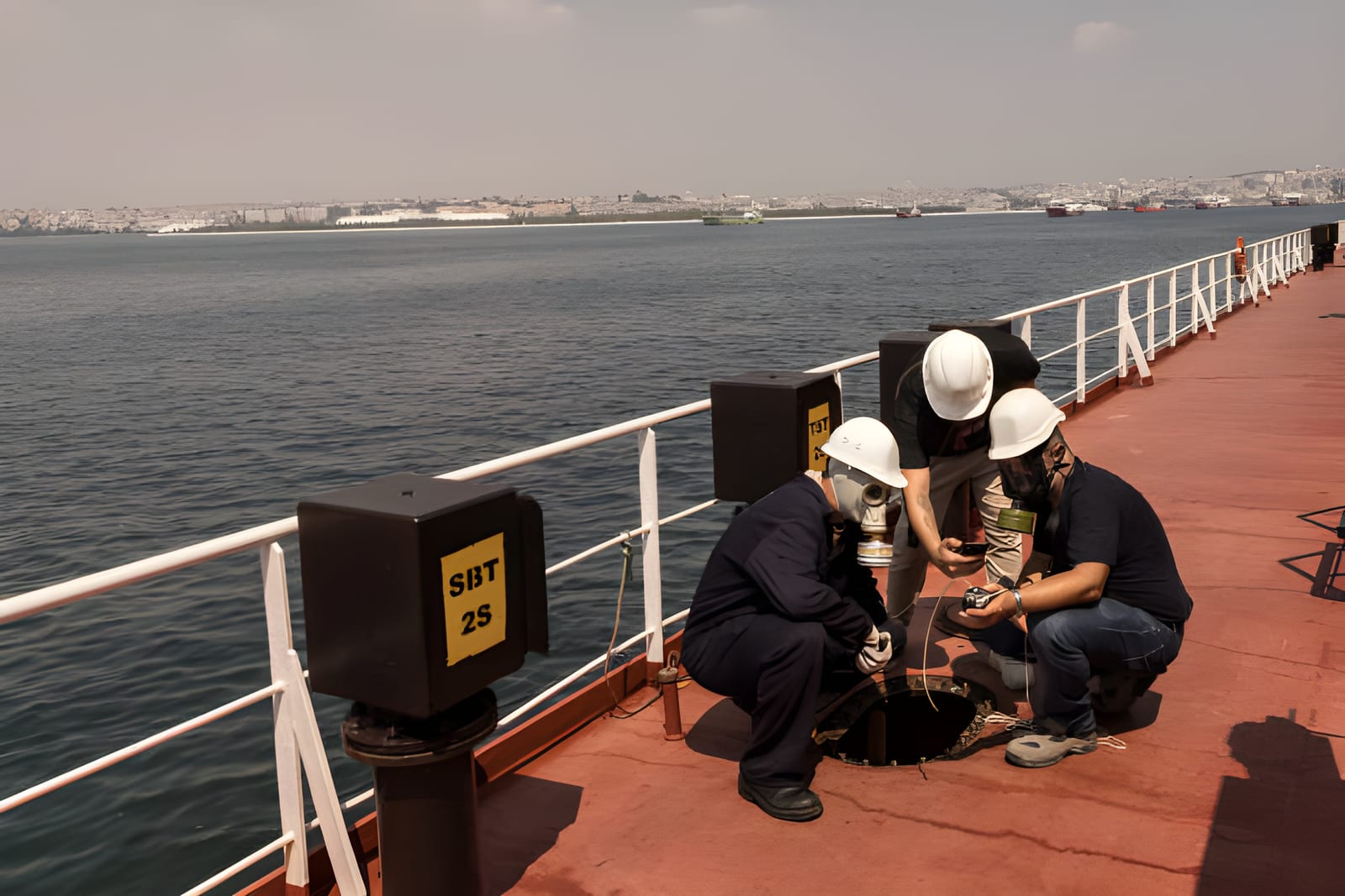 Crew members in gas masks carrying out work on site
